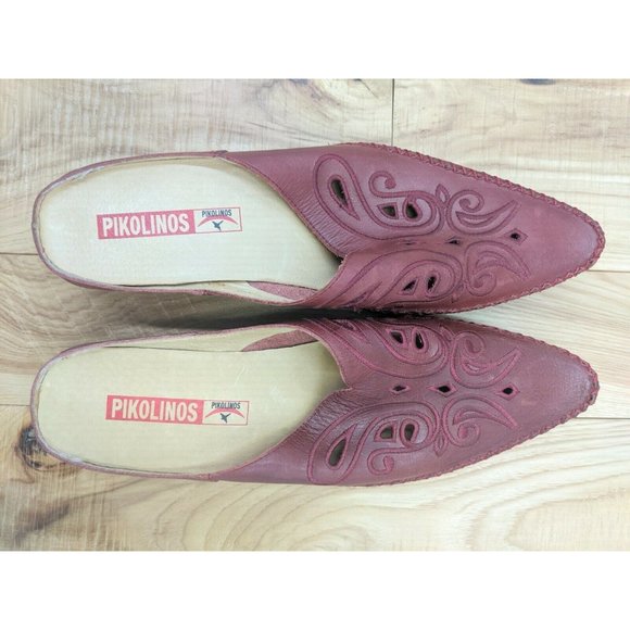 Pikolinos Women's Leather Cranberry Embroidered Mules Slip Ons Size 39  8.5 - Picture 1 of 6